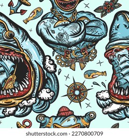 Sharks seamless pattern. Old school tattoo style. Jellyfish, anchor, underwater life. Strong hammerhead shark fish