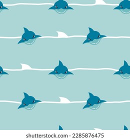 Sharks seamless pattern on linear cover background. Repeat ornament with shark, lines waves and fin. Dolphin cover print for kid textile, clothes, wrapping paper. Underwater art.