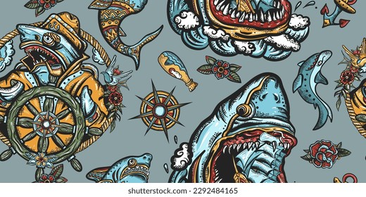 Sharks seamless pattern. Sea wolf, captain in the sea, sailor at helm. Old school tattoo style. Anchor, underwater life