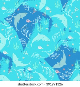 Sharks seamless pattern.Creative Contemporary Drawn Blue Colored Print .