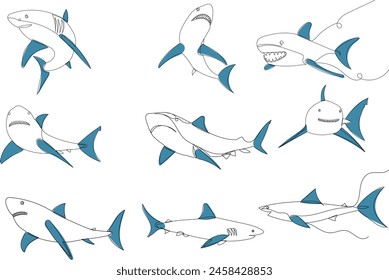 sharks set, sketch on white background vector