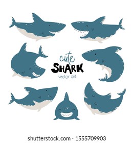 Sharks set. Vector illustrations of funny fish in a simple cartoon scandinavian style. Characters in different poses, emotions. Limited color palette is ideal for printing.