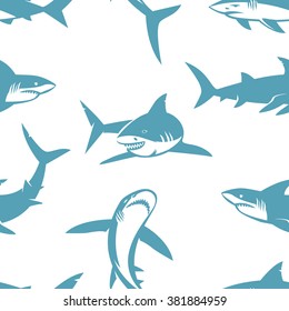 Sharks silhouettes seamless pattern. Blue shark on a white background.