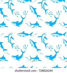 Sharks silhouettes seamless pattern. Elegant seamless pattern with abstract shark symbols, design elements. Can be used for invitations, greeting cards, print, gift wrap, manufacturing.