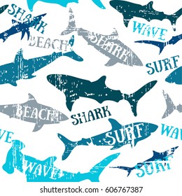 Sharks silhouettes seamless pattern. Urban pattern. Pattern with abstract shark symbols, design elements. Can be used for invitations, greeting cards, scrapbooking, print, textile, manufacturing.