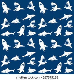 Sharks silhouettes seamless pattern. white on blue Background. Vector illustration