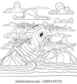 Sharks in the sky line art design.