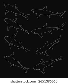 Os tubarões nadam em um grupo dinâmico contra um fundo preto, suas silhuetas afiadas criando um contraste impressionante. A ilustração de estilo vetorial apresenta linhas limpas e detalhes nítidos.