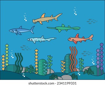 Sharks swimming happily in the sea