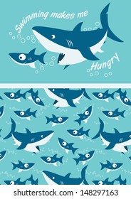 Sharks swimming.
Illustrator swatch of repeat pattern included.