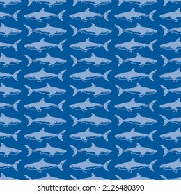 Sharks swimming menacingly, in a seamless linear grid pattern. Terrifying creatures of the deep. 