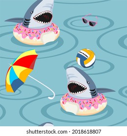 sharks swimming in the sea on the beach - seamless pattern, funny stylish print