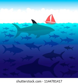 sharks under water and the boat with the red sail