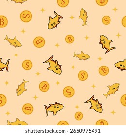 Shark-temático criptomoeda padrões arte digital ambiente divertido paleta de cores vibrante ponto de vista contemporâneo, padrão sem costura