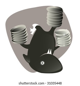 Sharky series.  Shark in the kitchen, cleaning the dishes upside down.