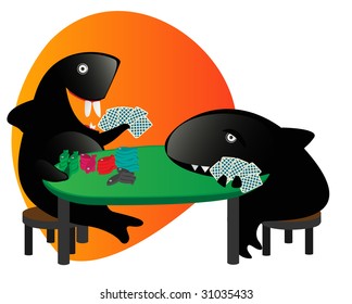 Sharky Shark and friend playing poker with cards and fish chips.