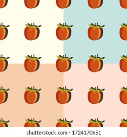 Vista superior de la fruta Sharon con arte pop sin fisuras en un fondo rosa, naranja, beige y turquesa. Diseño permanente para tapicería, telas, textiles, embalajes.