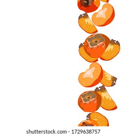 Sharon fruit whole and cut seamless vertical border vector illustration. Set for design, banner, menu, poster.