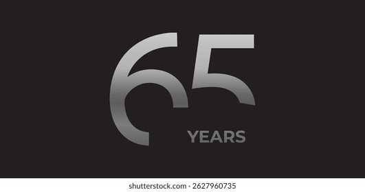 Número angular afiado 65 anos em prata, logotipo geométrico forte reflete experiência, realização. Emblema corporativo para marcos de 40 anos, marca comemorativa. Ilustração vetorial.