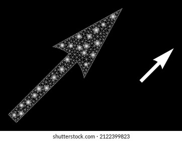 Sharp arrow icon and glowing net mesh sharp arrow model with glossy spots. Illuminated model generated from sharp arrow vector icon and triangle mesh. Glowing carcass sharp arrow,