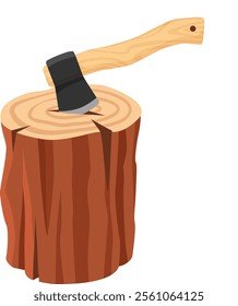 Sharp axe splitting a log, serving as an essential tool for chopping firewood, utilized by lumberjacks and woodsmen in the preparation of timber for various outdoor activities