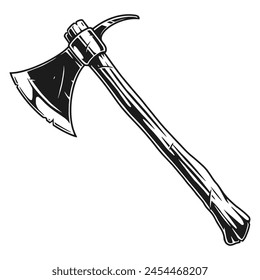 Pegatina vintage Sharp ax monocromo con mango de madera y gancho en la parte posterior de la Ilustración vectorial de cuchilla afilada