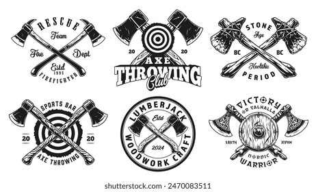 Axes afilados pegatinas monocromas con hachas cruzadas para leñadores o guerreros y amantes de la Ilustración vectorial de armas afiladas