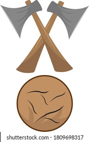 Sharp axes and wood in cutaway concept of woodworking and natural materials for construction