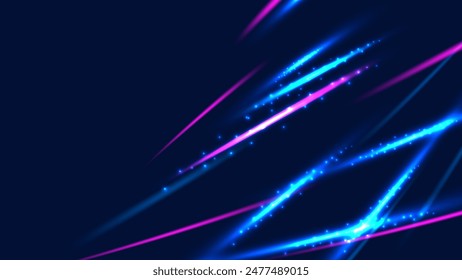 Sharp beams of blue and purple light cut through a dark backdrop, embodying movement and energy in a futuristic and abstract design.