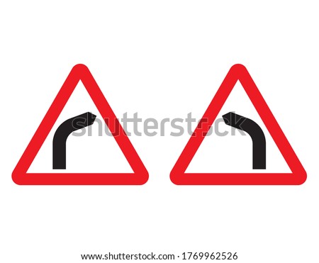 Sharp bend to the right / to the left traffic sign. Warning of dangerous turn. Vector illustration of warning road sign set. Red triangle with black bend symbol inside.