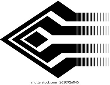 A sharp black arrow on a white background. Dynamic pattern of thick lines. Sports design element. Direction indicator