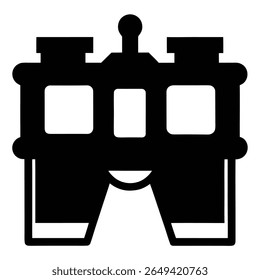 O contorno preto nítido representa binóculos com oculares quadrados e um botão de ajuste central, todos contrastados com um fundo branco-escuro, perfeito para a visibilidade.