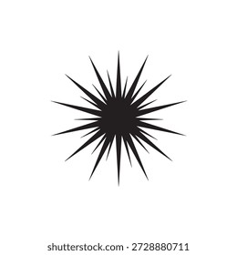 Eine scharfe, schwarze Silhouette einer Feuerwerksexplosion oder eines Sternbildes mit mehreren spitzen Strahlen unterschiedlicher Länge.