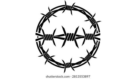 A sharp black silhouette graphic of barbed wire arranged in a circular shape with a central horizontal strand against a plain white background