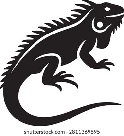 Sharp black silhouette illustration of an iguana lizard with spikes on its back and a long tail.

