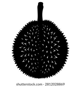 Sharp black silhouette of a spiky exotic durian fruit showing intricate textures and a long stem on white background