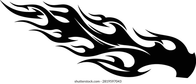 A sharp black tribal flame shape with flowing lines and pointed tips, isolated on a white background for custom vehicle