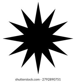 Sharp black twelve pointed star shape with geometric symmetry and bold minimalist lines displayed clearly isolated on white background