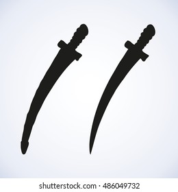 Sharp blade naked saber in sheath. Dark ink drawn sketch in art archaic rustic doodle style pen on paper. View closeup with space for text