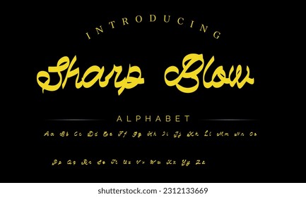 Sharp Blow Lettering signature font isolated on grey background. brus style alphabet. Vector logo letters.