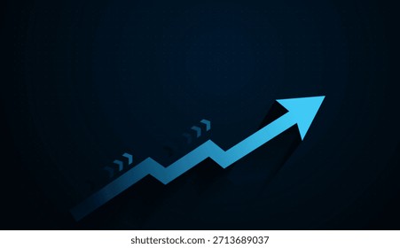 Ein scharfer blauer Pfeil steigt diagonal an und symbolisiert explosives Finanzwachstum und Marktdynamik. Ein Graph Pfeil Verbesserung weiße Farbe auf blauem Hintergrund