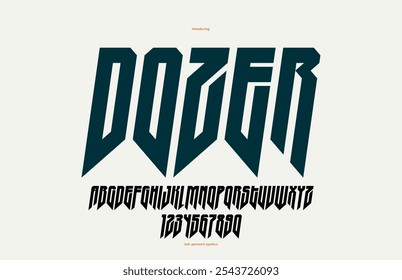 Fonte gótica condensada nítida e em negrito para a criação de logotipos para manchetes, moderno vetor moderno edgy italic tall typeface, heavy metal e hard rock estilo alfabeto com números.