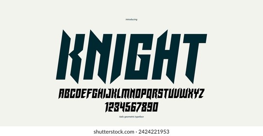 Sharp and bold gothic font for logo creation of for headlines, edgy geometric modern vector italic typeface, heavy metal and hard rock style alphabet with numbers.