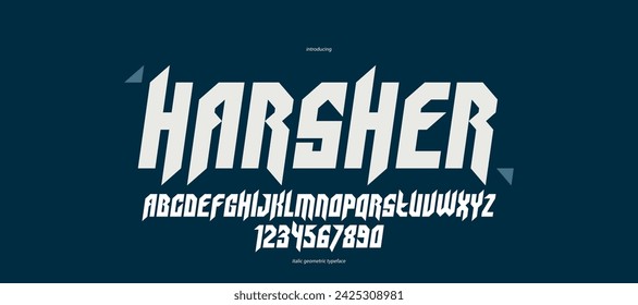 Sharp and bold gothic font for logo creation of for headlines, edgy geometric modern vector typeface, heavy metal and hard rock style alphabet with numbers, italic version.