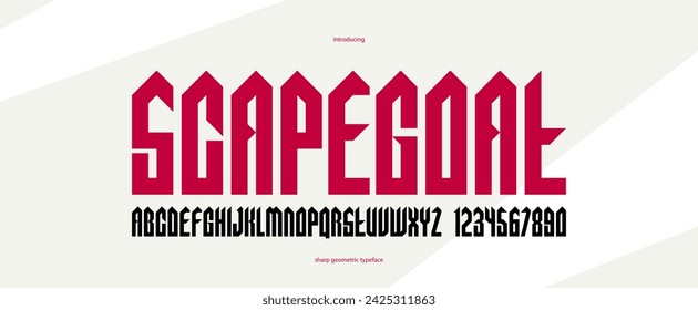 Sharp and bold gothic font for logo creation of for headlines, edgy geometric modern vector typeface, heavy metal and hard rock style alphabet with numbers.
