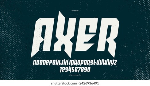 Sharp and bold gothic font for logo creation of for headlines, edgy geometric modern vector typeface, heavy metal and hard rock style alphabet with numbers, italic version.