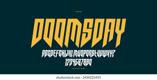 Sharp and bold gothic font for logo creation of for headlines, edgy geometric modern vector typeface, heavy metal and hard rock style alphabet with numbers, italic version.