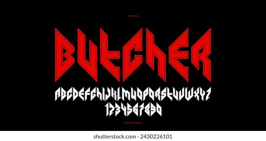 Sharp and bold gothic font for logo creation of for headlines, edgy geometric modern vector typeface, heavy metal and hard rock style alphabet with numbers.