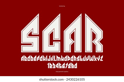 Sharp and bold gothic font for logo creation of for headlines, edgy geometric modern vector typeface, heavy metal and hard rock style alphabet with numbers.