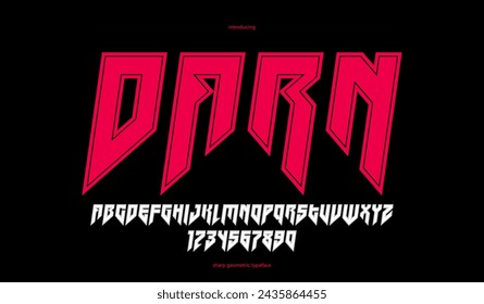 Sharp and bold gothic font for logo creation of for headlines, edgy geometric modern vector italic typeface, heavy metal and hard rock style alphabet with numbers.